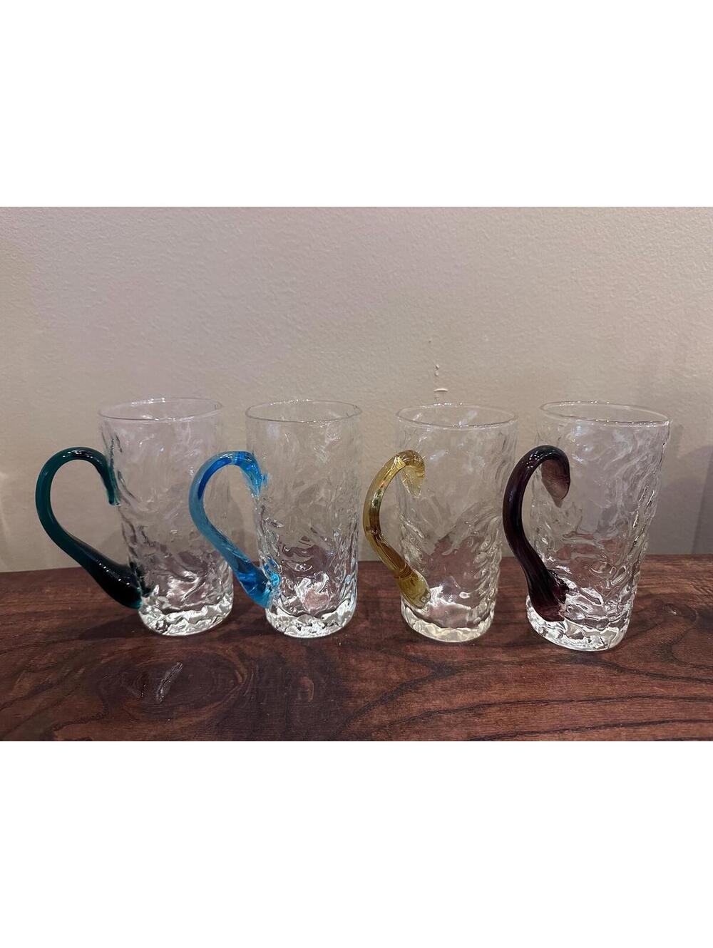 Swirl Textured Colored Handled Glass Juice/Water/Coffee/Lemonade Mugs - Set of 4